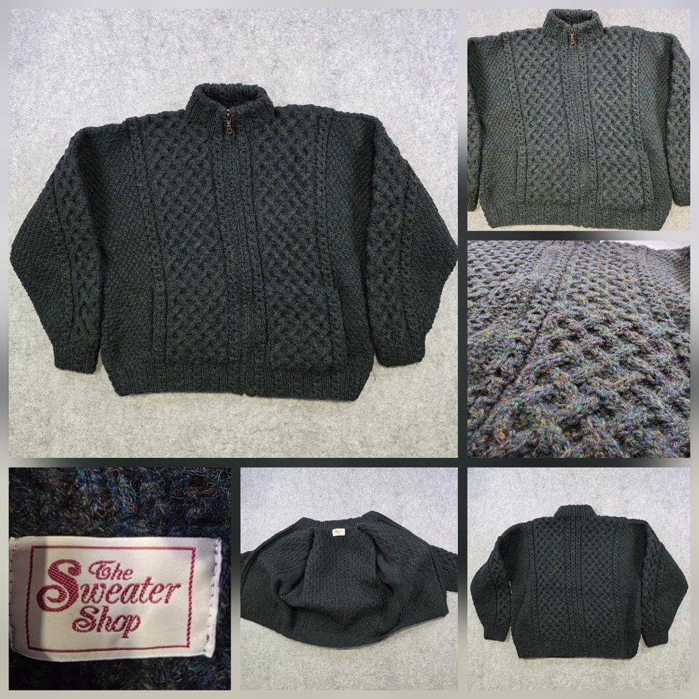 The Sweater Shop Sweater Mens Small?Green‎ Wool Cable Knit Full Zip Mock Neck